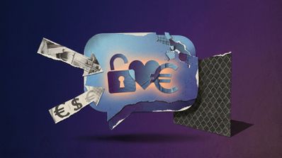 Ilustración de estilo collage que representa un bocadillo de chat con un candado abierto, un corazón y el símbolo del euro, rodeado de flechas con datos financieros sobre un fondo violeta.