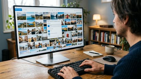 Persona frente a un monitor de ordenador que muestra una galería de fotos en Windows con un menú emergente para elegir la aplicación predeterminada.