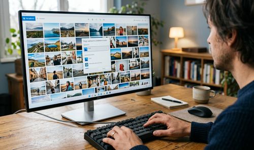 Persona frente a un monitor de ordenador que muestra una galería de fotos en Windows con un menú emergente para elegir la aplicación predeterminada.