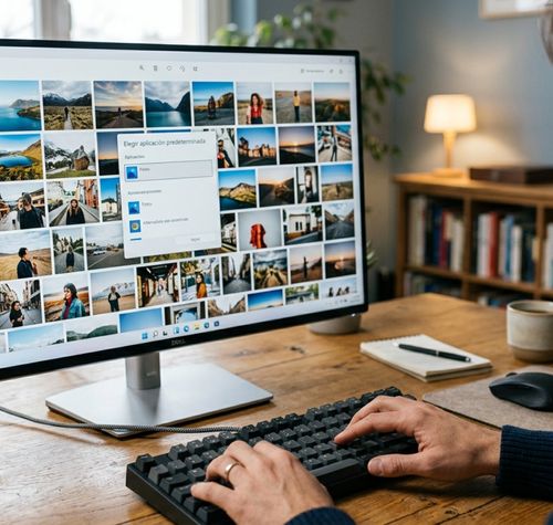 Persona frente a un monitor de ordenador que muestra una galería de fotos en Windows con un menú emergente para elegir la aplicación predeterminada.