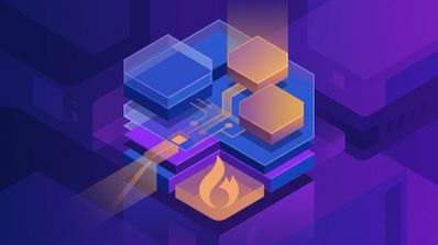 Ilustración conceptual de la API Vulkan con bloques geométricos, circuitos integrados y un icono de llama sobre fondo púrpura.
