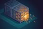 Ilustración isométrica de una estructura metálica con forma de contenedor y patrón de rejilla hexagonal que aparece rota por un extremo, dejando escapar una intensa luz naranja.