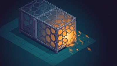 Ilustración isométrica de una estructura metálica con forma de contenedor y patrón de rejilla hexagonal que aparece rota por un extremo, dejando escapar una intensa luz naranja.