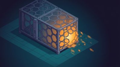 Ilustración isométrica de una estructura metálica con forma de contenedor y patrón de rejilla hexagonal que aparece rota por un extremo, dejando escapar una intensa luz naranja.