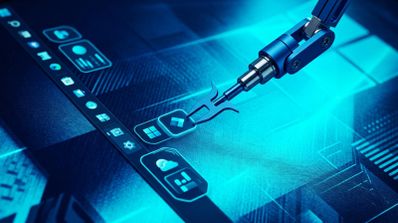 Brazo robótico manipulando iconos de la interfaz de Windows sobre una superficie digital azulada.