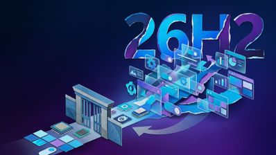 Composición conceptual sobre un fondo morado que muestra iconos de software, interfaces y hardware atravesando una puerta hacia el código 26H2.