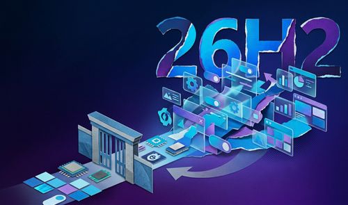 Composición conceptual sobre un fondo morado que muestra iconos de software, interfaces y hardware atravesando una puerta hacia el código 26H2.