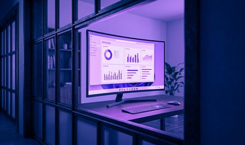 Monitor curvo sobre un escritorio con la interfaz de Windows 11 mostrando un panel de gráficos estadísticos en pantalla completa.