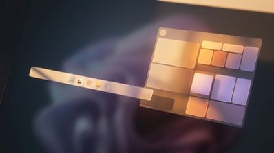 Representación artística conceptual de la barra de tareas y el menú Inicio de Windows sobre un fondo translúcido con tonos cálidos.