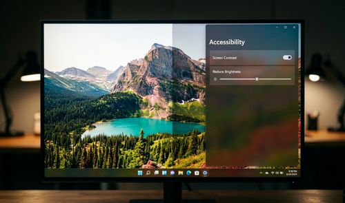 Interfaz de Windows 11 con el panel de accesibilidad abierto mostrando controles para ajustar el contraste y el brillo sobre un fondo de paisaje montañoso.