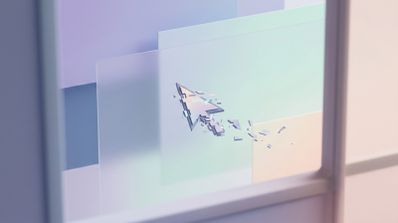 Ilustración conceptual de un puntero de ratón fragmentándose en píxeles sobre un fondo de capas abstractas en tonos pastel.