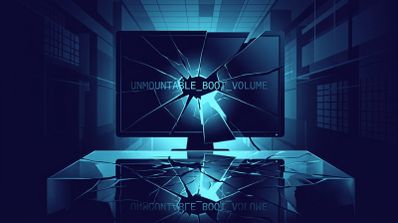 Ilustración de un monitor de ordenador con el cristal roto donde se lee el mensaje de error UNMOUNTABLE_BOOT_VOLUME sobre un fondo azul oscuro.