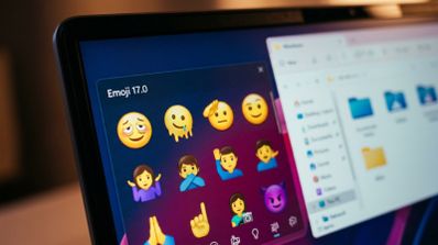 Menú flotante con el título Emoji 17.0 abierto en la pantalla de un ordenador portátil con Windows 11, junto a la ventana del Explorador de archivos.