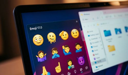 Menú flotante con el título Emoji 17.0 abierto en la pantalla de un ordenador portátil con Windows 11, junto a la ventana del Explorador de archivos.