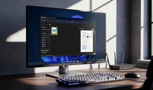 Interfaz del Explorador de archivos en Windows 11 mostrando la previsualización de un documento con un icono de candado sobre el escritorio de un monitor.