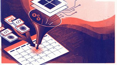 Ilustración conceptual de iconos de código, engranajes y procesadores pasando por un embudo hacia una fecha específica en un calendario.