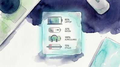 Ilustración estilo acuarela de un panel de gestión de batería que muestra los niveles de carga de un portátil, un ratón, unos auriculares y un lápiz óptico.