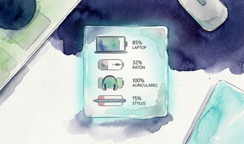 Ilustración estilo acuarela de un panel de gestión de batería que muestra los niveles de carga de un portátil, un ratón, unos auriculares y un lápiz óptico.