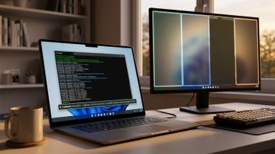 Ordenador portátil ejecutando comandos en una ventana de terminal sobre el escritorio de Windows 11 junto a un monitor externo.