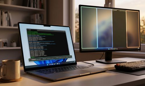 Ordenador portátil ejecutando comandos en una ventana de terminal sobre el escritorio de Windows 11 junto a un monitor externo.