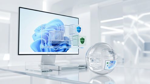 Monitor de ordenador con el fondo de pantalla de Windows y elementos gráficos tridimensionales en forma de cubos de cristal con escudos de seguridad.