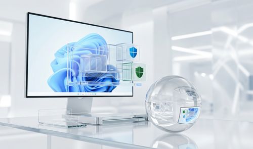 Monitor de ordenador con el fondo de pantalla de Windows y elementos gráficos tridimensionales en forma de cubos de cristal con escudos de seguridad.