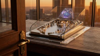 Representación conceptual de una máquina de pinball física con una pantalla holográfica que muestra el juego 3D Pinball de Windows.