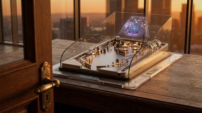 Representación conceptual de una máquina de pinball física con una pantalla holográfica que muestra el juego 3D Pinball de Windows.
