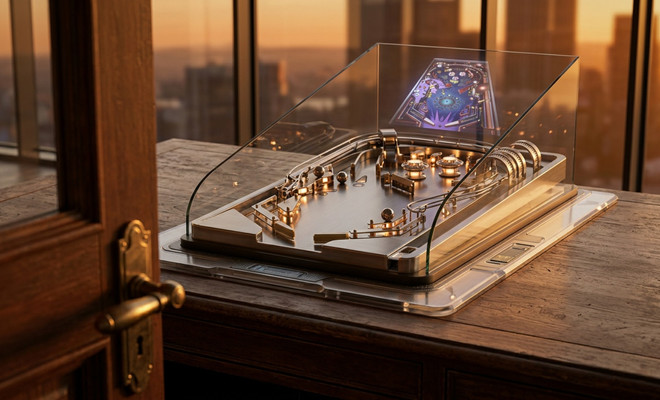 Representación conceptual de una máquina de pinball física con una pantalla holográfica que muestra el juego 3D Pinball de Windows.
