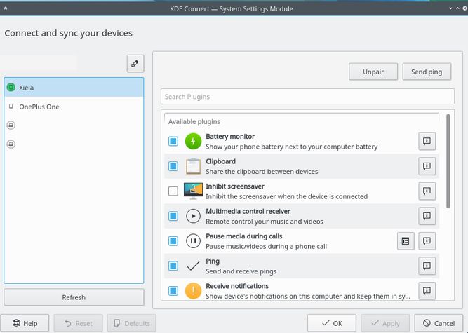 Interfaz KDE Connect.