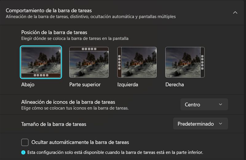 Opciones cambiar sitio barra tareas Windows.
