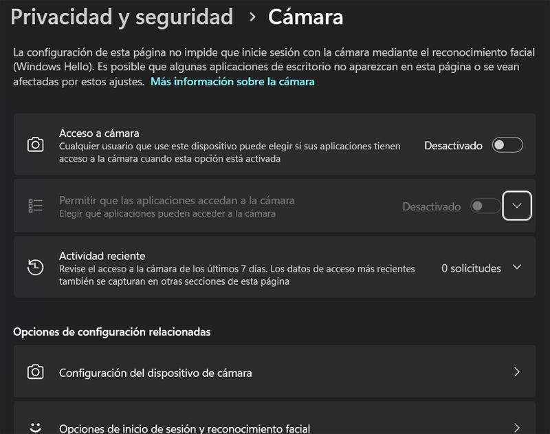 Permisos de la Cámara de Windows.