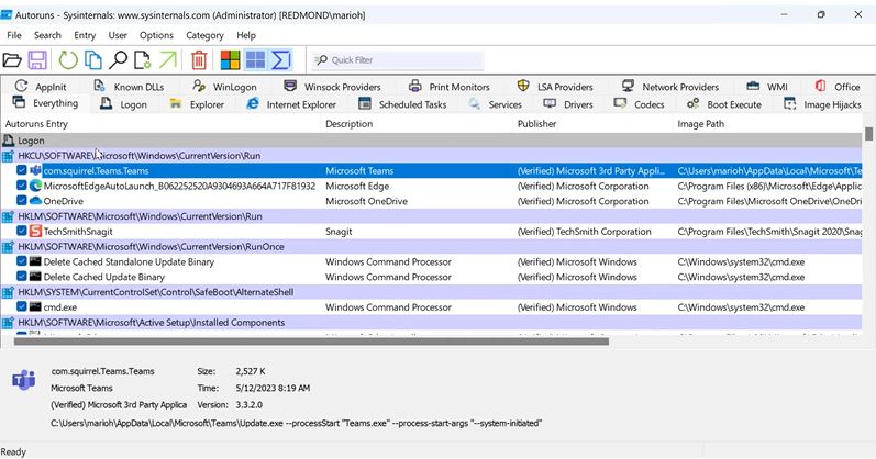 Programa Autoruns de Microsoft funcionando.