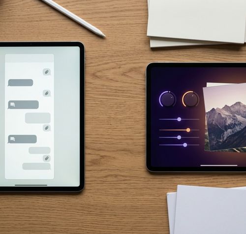 Dos tabletas sobre una mesa de madera, una mostrando una interfaz de chat y la otra controles de edición de imagen sobre una fotografía de montañas.