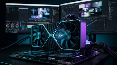 Tarjeta gráfica RTX Spark instalada en una placa base con monitores de edición de vídeo al fondo.