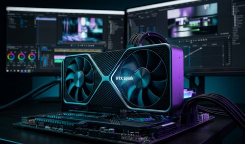 Tarjeta gráfica RTX Spark instalada en una placa base con monitores de edición de vídeo al fondo.
