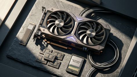 Tarjeta gráfica de dos ventiladores sobre una superficie de piedra rodeada de memorias y una unidad SSD M.2.