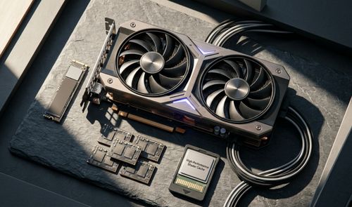 Tarjeta gráfica de dos ventiladores sobre una superficie de piedra rodeada de memorias y una unidad SSD M.2.