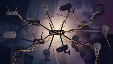 Ilustración de una red de dispositivos IoT interconectados por cables amarillos que simulan gusanos digitales sobre un fondo oscuro.