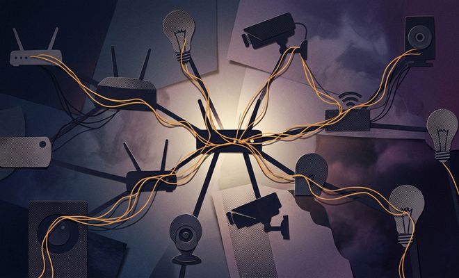 Ilustración de una red de dispositivos IoT interconectados por cables amarillos que simulan gusanos digitales sobre un fondo oscuro.