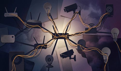 Ilustración de una red de dispositivos IoT interconectados por cables amarillos que simulan gusanos digitales sobre un fondo oscuro.
