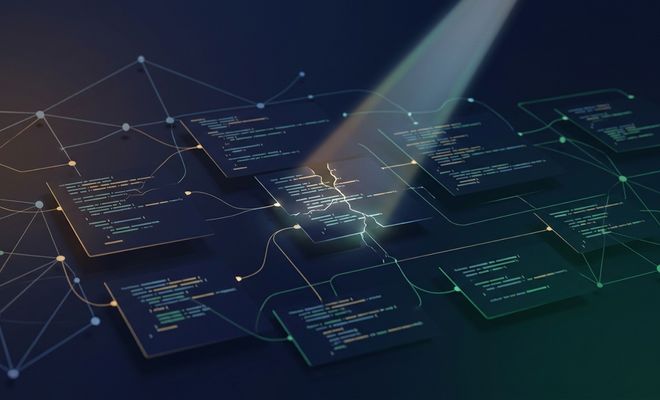 Representación conceptual de bloques de código de programación interconectados sobre un fondo oscuro, con un haz de luz iluminando una grieta central.