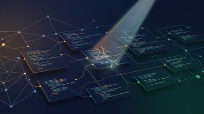 Representación conceptual de bloques de código de programación interconectados sobre un fondo oscuro, con un haz de luz iluminando una grieta central.
