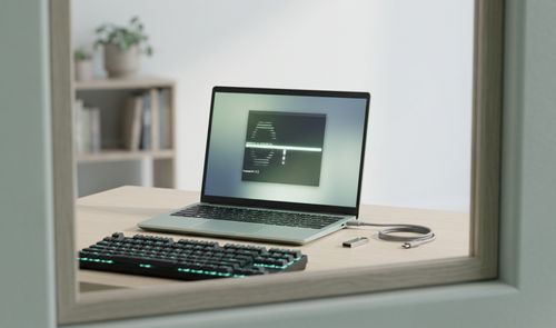 Ordenador portátil ejecutando una consola de comandos de Arch Linux sobre una mesa de madera junto a un teclado mecánico y una memoria USB.