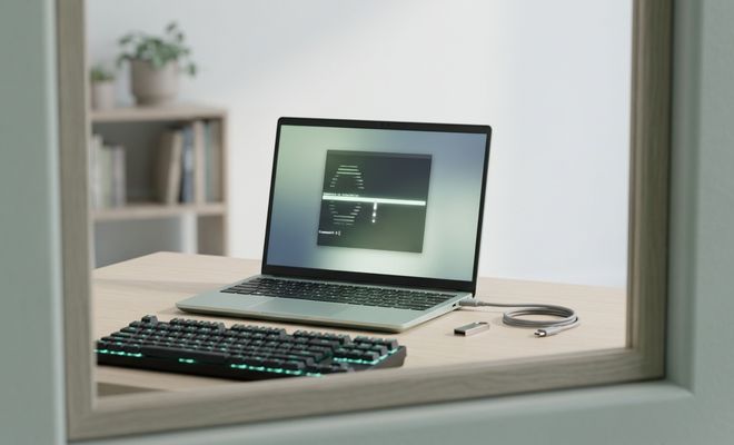 Ordenador portátil ejecutando una consola de comandos de Arch Linux sobre una mesa de madera junto a un teclado mecánico y una memoria USB.