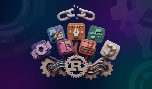 Composición artística con estilo de plastilina que muestra el logotipo de Rust rodeado de iconos de herramientas creativas y una cadena rota superior sobre un fondo oscuro.