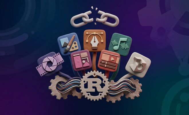 Composición artística con estilo de plastilina que muestra el logotipo de Rust rodeado de iconos de herramientas creativas y una cadena rota superior sobre un fondo oscuro.