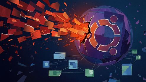 Ilustración conceptual de un ataque informático contra el logotipo de Ubuntu, representado como una esfera agrietada por un flujo de fragmentos rojos.
