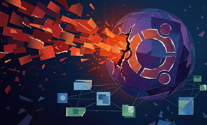 Ilustración conceptual de un ataque informático contra el logotipo de Ubuntu, representado como una esfera agrietada por un flujo de fragmentos rojos.
