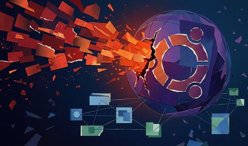Ilustración conceptual de un ataque informático contra el logotipo de Ubuntu, representado como una esfera agrietada por un flujo de fragmentos rojos.